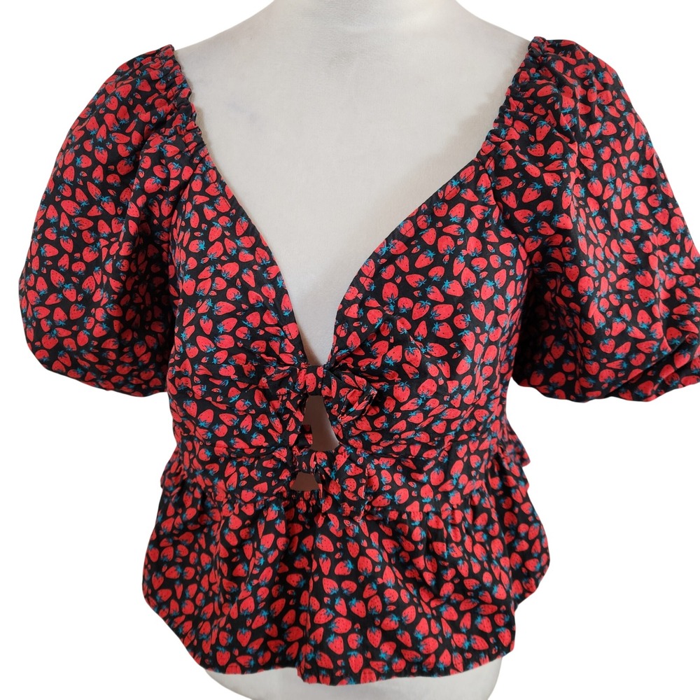 Band of‎ the Free XL Strawberry Print Puff Sleeve Peplum Top Black Red Tie Front